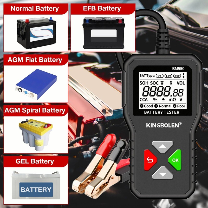 KINGBOLEN Car Battery Tester 6v~24v Truck Battery Test Charging Cranking