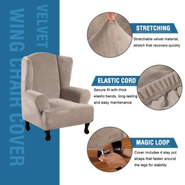 H.VERSAILTEX Wingback Chair Covers Velvet Plush Wing Chair Slipcover 1 Piece High Stretch Wing Back Chair Slipcovers Sofa Cover Furniture Cover with Elastic Bottom, Taupe