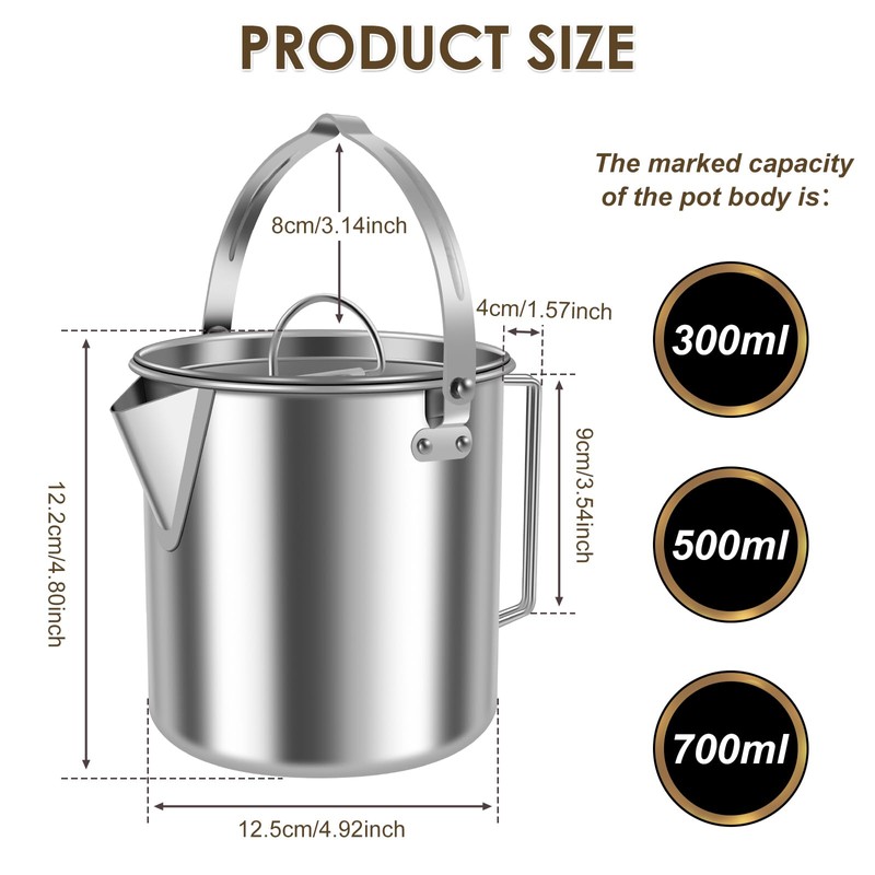 Camping Tea Kettle, 1.2L Stainless Steel Outdoor Hiking Percolator Coffee