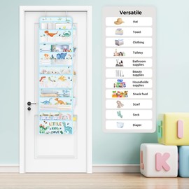 Clastyle Blue Dinosaur Kids Over the Door Organizer with 5 Large Pockets Nursery Hanging Storage Organizer Clothes Diaper Toy Claws Cave Closet Door Hanging Shelf Storage for Bedroom Bathroom Pantry
