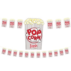 Movie Party 2pk Popcorn Garland – Popcorn Banner for Movie Night, Carnival, or Classroom – Cardstock Popcorn Sign Box Decorations for Popcorn Bar