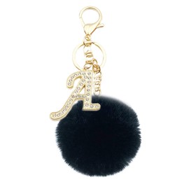 Unpafcxddyig Black Pom Pom Keychain Crystal Rhinestone Alphabet Letter Key Rings for Car Handbag Charm Tote Pendant,A