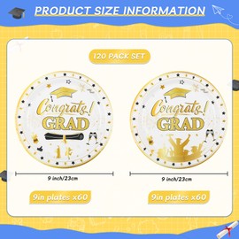 Houuqe 120pcs Graduation Party Supplies Paper Plates, 9 Inch White Gold Congrats Grad Disposable Paper Plates, Graduation Party Decoration Dinnerware Plate for College High School