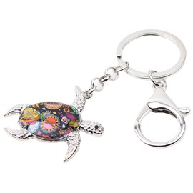 LONYOO Zinc Alloy Floral Sea Turtle Keychain Tortoise Keyring Sea Turtle Gifts for Women Girls Car Key Wallet, black