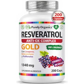 Resveratrol, Gold 200 Cápsulas | Transresveratrol + Polifenoles, Betacaroteno, Licopeno y Vitamina C | Complejo de Antioxidantes | 100% Vegano | Purely Organics.