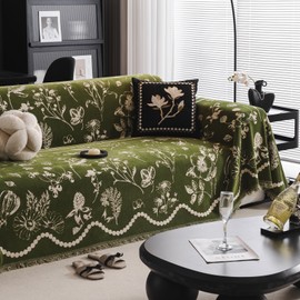 DREAMINGO Green Floral Couch Cover Farmhouse Botanical Jacquard Sofa Covers for 3 Cushion Couch Cozy Chenille Living Room Furniture Futon Sectional Sofa Slipcovers Washable, X-Large 71"x134"