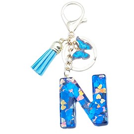 Xsclpomddy A-Z Initials Letter Keychain Blue with Tassel Butterfly Pendant for Wallet Backpack Handbags Women Girls,Letter N