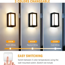 wowlite Outdoor Lights for House LED, 12W Modern Porch Light 3000K 4000K 6500K 3 Colors Changeable, Aluminum Outdoor Light Fixture Wall Mount, Exterior Lighting Fixtures for Garage Garden Patio