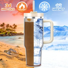 Vaso de 40 onzas con mango y pajita, 2 tapas (2 en 1 y tapa a prueba de fugas) – Botella de agua de doble pared de acero inoxidable aislada al aspiradora, taza de café de viaje, regalos de día festivo