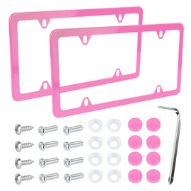 Wuyaoyao 2PCS Car License Plate Frames, 4 Holes Stainless Steel License Plate Frame, Slim License Plate Cover Holder with Screws Bolts Caps Washers, Universal Exterior Car Accessories (Pink)