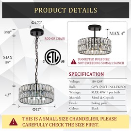 CATINER Crystal Pendant Light 4-Light Modern Black Chandelier Small 12” Crystal Semi Flush Mount Ceiling Light Round for Kitchen Island Foyer Hallway