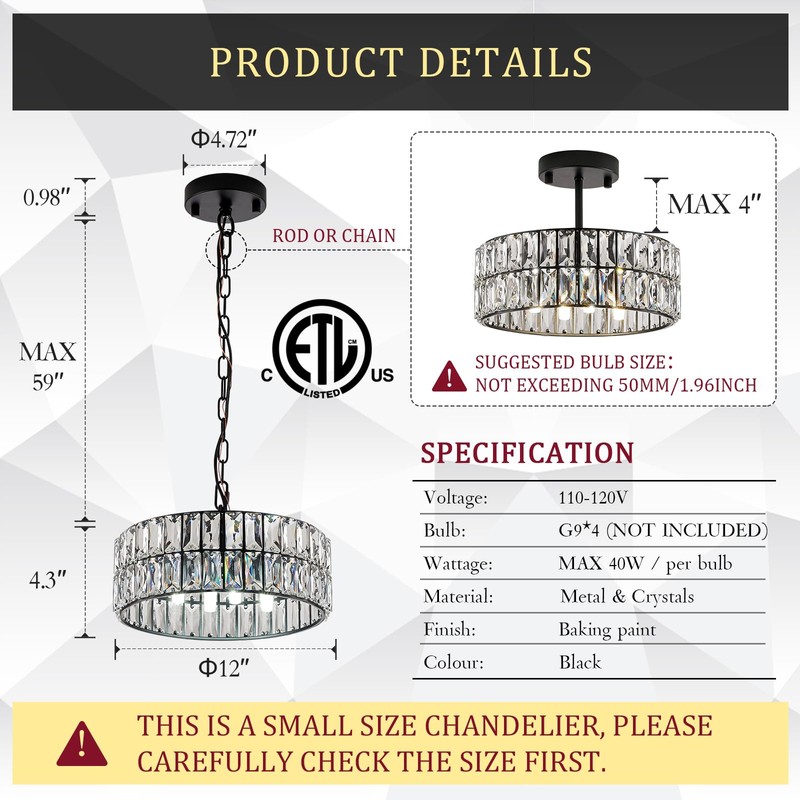 CATINER Crystal Pendant Light 4-Light Modern Black Chandelier Small 12”