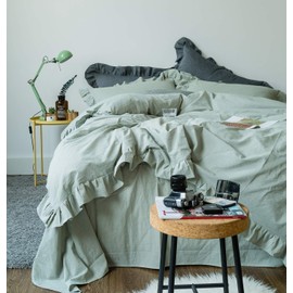 Lanqinglv Ruffle Bed Linen 135 x 200 cm + Pillowcase 80 x 80 cm Sage Green Reversible Bed Linen Soft Microfibre Romantic Plain Duvet Cover with Zip