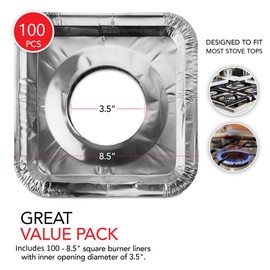Disposable Gas Burner Liners (100 Pack) Aluminum Foil Square Gas Stove Burner Covers - 8.5 Inch Gas Range Protector, Stove Top Covers for Gas Burners, Foil Liners to Catch Oil, Grease, and Food Spills