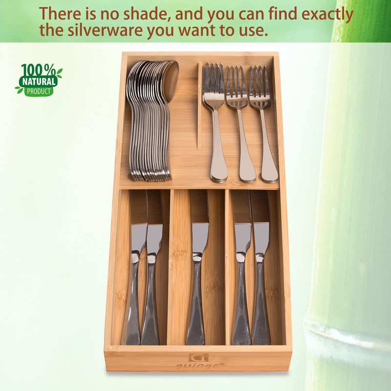 guiogc Bamboo Silverware Organizer, Kitchen Silverware Drawer Organizer, Utensil Tray