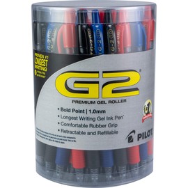 Pilot, G2 Premium Gel Roller Pens, Bold Point 1 mm, Tub of 36, Black, Blue, Red