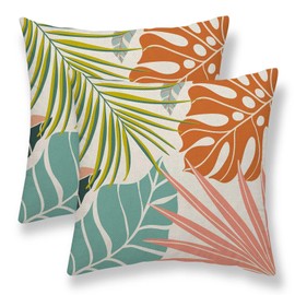 Summer Palm Leaf Pillow Covers 20x20 Set of 2, Coral Tropical Leaf Decorative Outdoor Throw Pillow Covers Green Blue Botanical Farmhouse Cushion Case Linen Square Decor for Couch Sofa