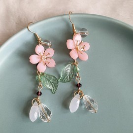 Pink Flower Dangle Earrings Sakura Earrings Cherry Blossoms Floral tassel Earrings Elegant Petal Leaf Long Drop Earrings for Women Fairy Style Jewelry-sakura long