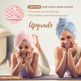 JEFFSUN Microfiber Hair Drying Towel for Women Girls, 2 Pack Super Absorbent Quick Dry Towel for Curly Long Thick Wet Hair with Button Closure, Easy to Use Dry Hair Wrap Turban