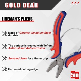 GOLD DEER 5" Mini Lineman's Pliers Combination Plier with Wire Cutter Serrated Jaw, CRV Steel Body with Teflon Finish and Professional Handle, Side Cutter for Electrical Mechanical Work Jewelry Making