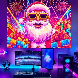 BSFHH Merry Christmas Black Light Tapestry – UV Reactive Glow in the Dark Wall Hanging, Santa Claus Christmas Tree Snowman Elk Home Decoration for Party Bedroom or Dormitory (Santa Claus Gift, 90L" x 70W", Unframed)