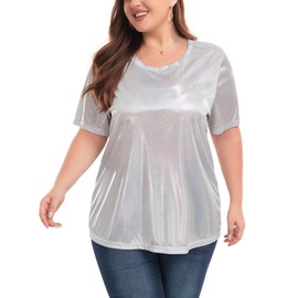 ForHailey Plus Size Metallic Tops for Women Shiny Tops Shirts Sparkly Holographic Party Disco Tee Rock Concert T-Shirt Glitter Silver XX-Large