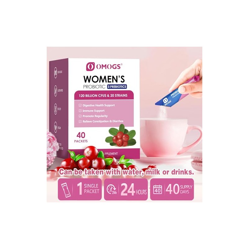 OMOGS Women's Probiotic Powder with Cranberry Extract - Digestive &