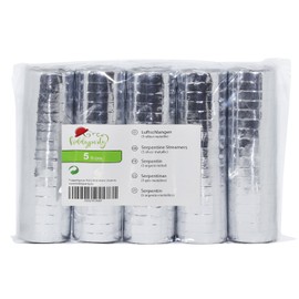 KIDDYPARTY Streamers Silver Metallic, Pack of 5 Premium Quality Paper Streamers, Pack of 5 Metallic/White Ideal as Decoration for Silver Wedding, Birthday, Event, Carnival and New Year's Eve