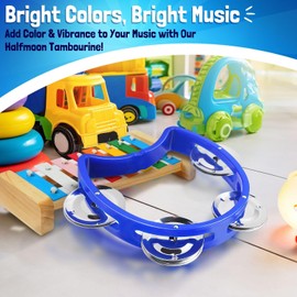 Flexzion Tambourine Hand Bell Percussion Musical Instruments (Blue), Plastic Music Instrument Half Moon Mini D Handheld Shaker, Jingle Bells
