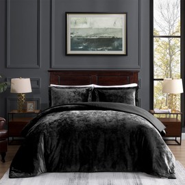 TAMGHO Crushed Velvet Comforter, Black Queen Comforter Set, Luxury Soft Velvet Bedding Set for All Seasons, 3pc Black Bed Set Queen, 1 Comforter (92"x96") and 2 Pillow Shams (20"x26"+2")