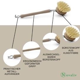 Novaliv 3-Piece Set 1 x Washing Up Brush I 2 x Replacement Head I Synthetic Fibre Natural Fibre Horsehair I Wood I Large I Washing Up Brush Kitchen Brush Dish Brush Scouring Brush Kitchen Brush