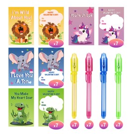 Gocozer Valentines Day Gifts for Kids School - 28 Pack Invisible Ink Pen with Animal-Themed Valentines Cards for Classroom, Valentines Day Gifts for School Exchange Gifts ideas