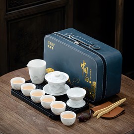 ICHAG Chinese Tea Set, Gongfu Tea Sets for Adults, China Gaiwan Teaset, 13-Piece Yangzhi Jade (茶具) Porcelain Set with Suspended Gaiwan & Tea Pet, Portable Travel Teaset for Home, Outdoor, Office Gifts