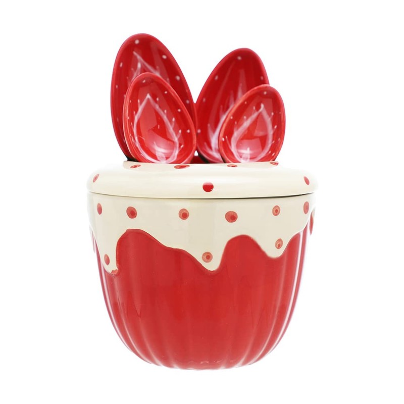 Sizikato 4pcs Porcelain Measuring Spoons with Base, Cute Strawberry Shape