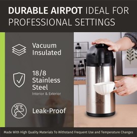 Airpot Coffee Dispenser 102 oz (3L) with Pump, Drip Tray, Cleaning Brush, and Beverage Label - Stainless Steel Insulated Carafe - 24 Hour Heat Retention - 36 Hour Cold Retention - 3 Gifts are included
