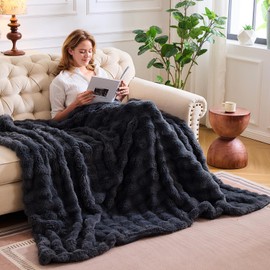 Lotus Karen Faux Fur Blanket Dark Gray Twin Size - Big Bubble Rabbit Fluff Blanket for Couch, Small Fluffy Fuzzy Cozy Blanket, Thick Furry Plush Shaggy Blankets, 60x80 Inches
