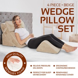 AllSett Health 4 PC Bed Wedge Pillows Set - Orthopedic Wedge Pillow for Sleeping with Memory Foam | Multi Angle Relief System for Back, Neck, Shoulder, and Leg - Machine Washable Cover