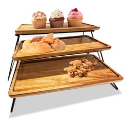 TRAYO 3 Tier Cupcake Stand - Acacia Wood Serving Tray Set for Food, Appetizers, Snacks, or Home Decor Displays, Rustic Farmhouse Charcuterie Boards, Vintage Metal Frames