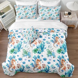 Sea Horse Bedding Set Blue Ocean Comforter Set Orange Starfish Blue Fish Beach Theme Bedroom Decor Coral Coastal Comforter Twin Size Bed in A Bag