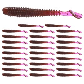 TIXIPEM 2.56" T-Tail Soft Fishing Lures [30-Pack] - Paddle Tail Swim Bait for Bass Trout in Saltwater & Freshwater - Rigged with 2 & 1/0 Hooks - Purple Red & Durable ABS Plastic