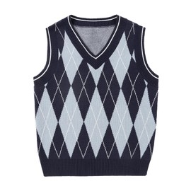 Unisex Kids Sleeveless Knitted Vest - V Neck Hem Tank Top Work Office Wear - Girls Boys Lightweight Uniform Shirt Navy Blue