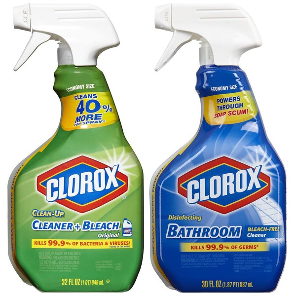Clorox Clean-Up All Purpose Cleaner with Bleach, Original, 32 Ounce, and Clorox Disinfecting Bathroom Cleaner, Bleach Free, 30 Ounce