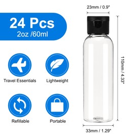 uxcell 2 Oz Plastic Bottles with Flip Caps, 24 Pcs Reusable Travel Size Containers with Lids Plastic Squeeze Refillable Dispensing Bottles for Shampoo, Body Soap, Toner(Transparent Black)