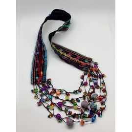 Women's Skinny Fiber Scarf Necklace with Non-Precious Bead Accents -Multi Colored Hand Dyed Yarns- LRW DESIGNS