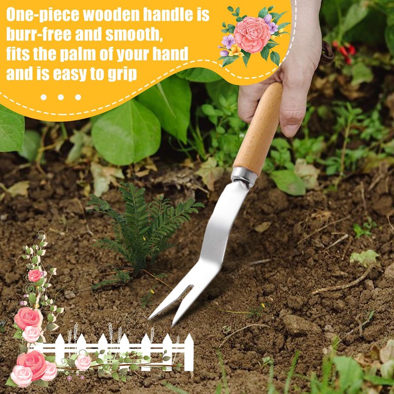 Dandelion Weed Puller With V-Shape Fork, Gardening Hand Tool, Wood