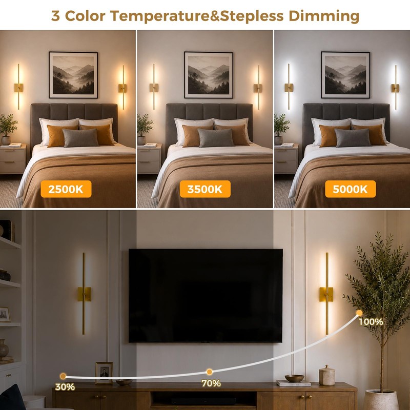 JUSHENG 5000mAh Battery Operated Wall Sconce, 3000K/4000K/6000K Dimmable Brass Cordless