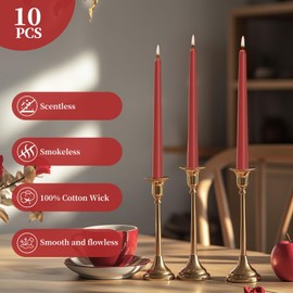 KONNI 0.87×10 Inch Red Taper Candles, Unscented and Smokeless Tall Candlesticks, 10 Pack Tapered Candles with Cotton Wicks, Long Burning, Ideal for Weddings, Dinner Parties, and Home Décor