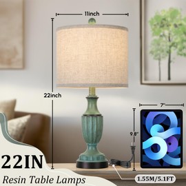 TOBUSA Farmhouse Living Room Table Lamps Set of 2, Green Rustic Vintage Table Lamps for Bedroom Nightstand, Antique Bedside Desk Lamps with Linen Shade, 22’’ Traditional Resin Lamp Sets for End Table