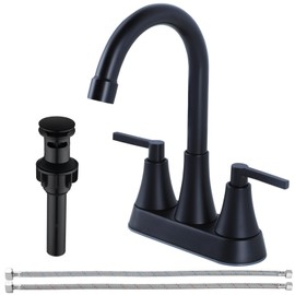 SHACO 4 inch Bathroom Faucets for Sink 3 Hole, Matte Black with Pop-up Drain and 2 Supply Hoses, Stainless Steel 2-Handle Centerset Faucet for Sink Vanity RV