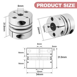 D34 L32 Flexible Diaphragm Motor Shaft Coupling 8mm Bore to 12mm Tight Clamping Motor Shaft for Stepper Motor Spindle
